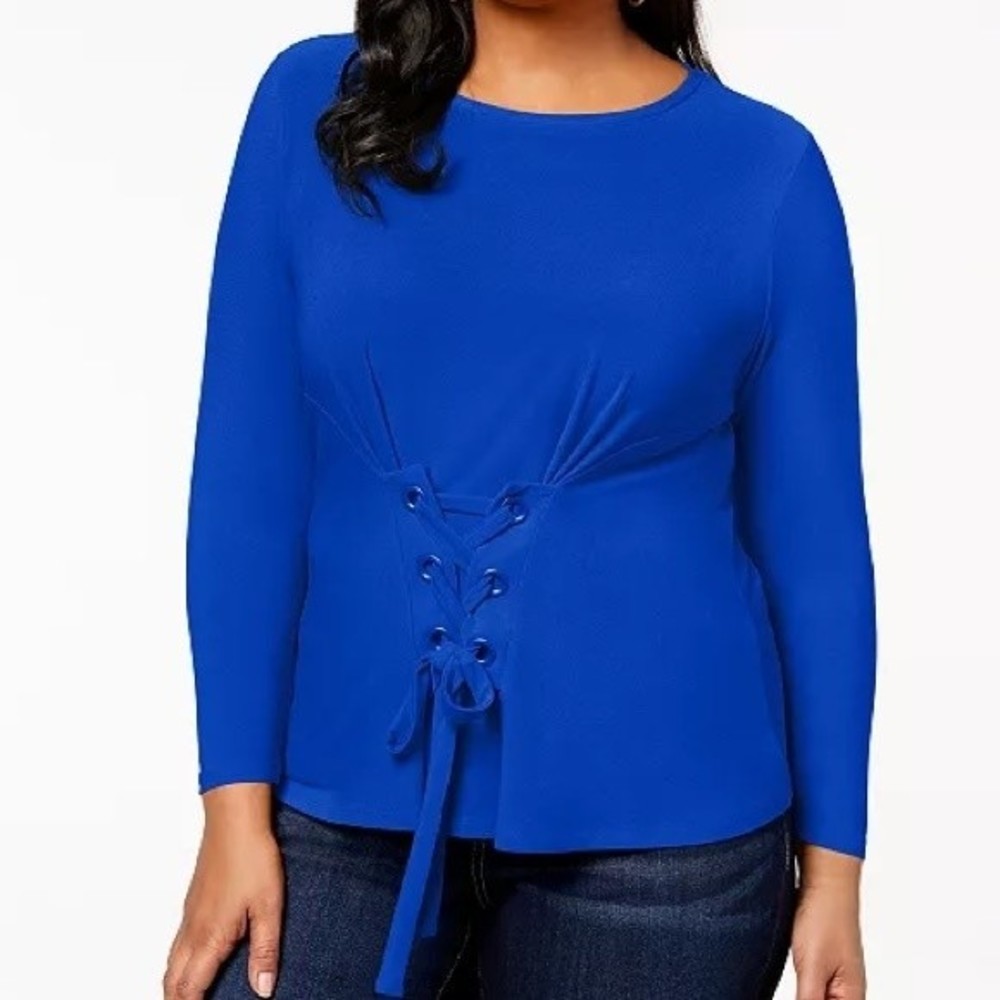 INC International Concepts Crochet Lace Up Long Sleeve Top Royal Blue Size L
